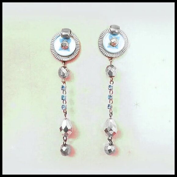 Long Chain dangle Earrings Light Blue Skinny Earring Set Recycled Vintage - Picture 5 of 10